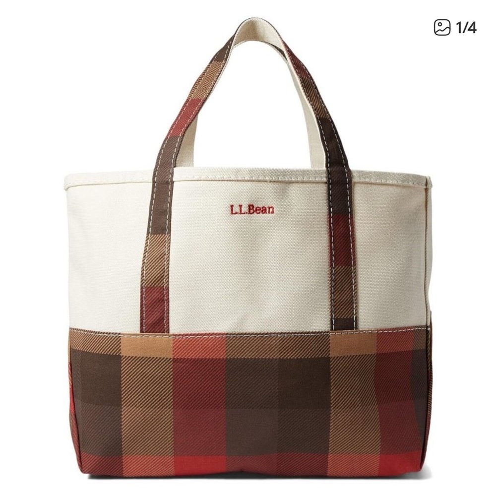 L.L.Bean Boat & Tote Plaid Canvas Tote Bag - Cream & Red